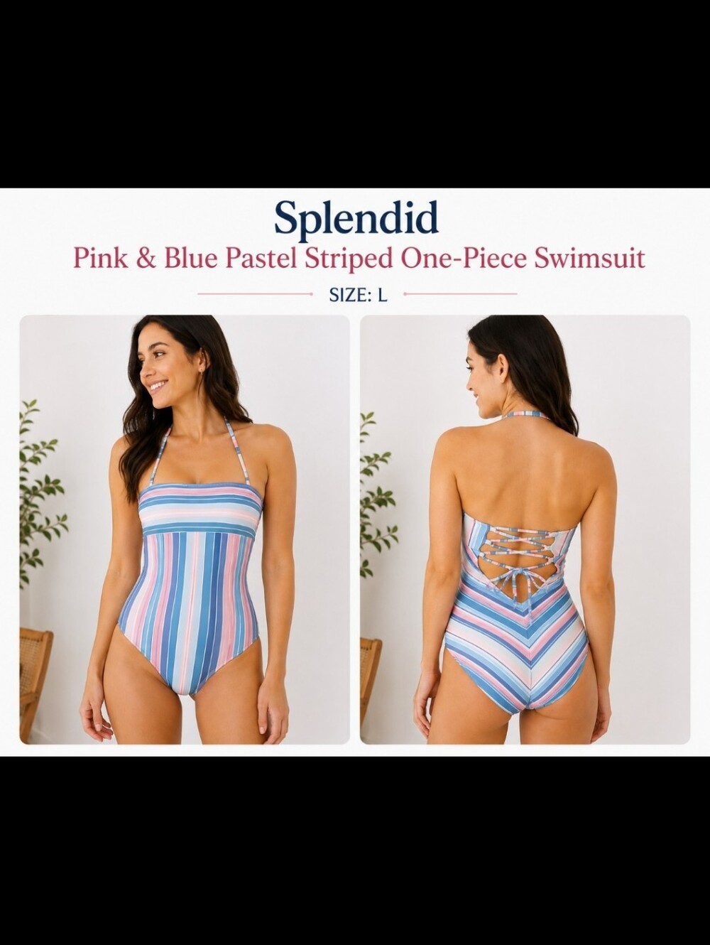 Splendid~Pink & Blue Pastel Stripe One-Piece Swimsuit – Crisscross Tie Back, L